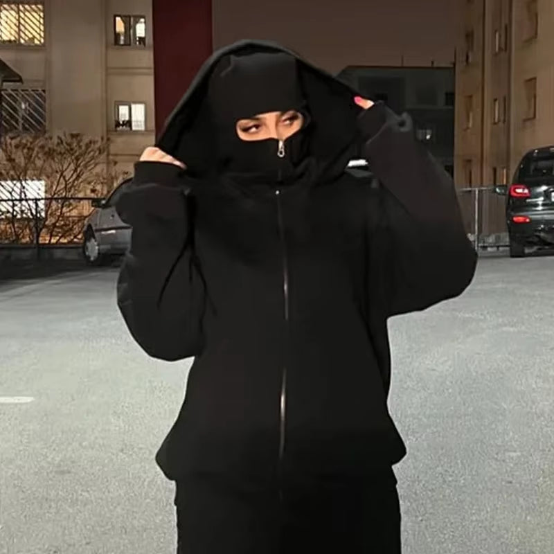 Men and Women Balaclava Y2K Gothic Harajuku Autumn and Winter New Item Double Hooded Sweatshirt Men'S Mask Zipper Sportswear